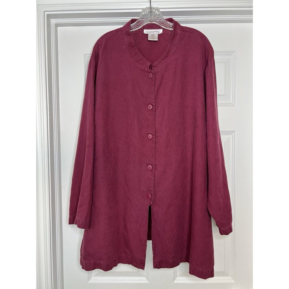 Women's Shirt Jacket 100% Linen Burgundy 28W Buttons Lagenlook Silhouettes VTG